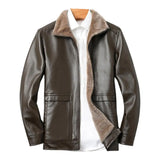 FOESCE Men Faux Leather Jacket Stylish Men's Lapel Faux Leather Jacket with Plush Lining Side Pockets Windproof Biker for Winter