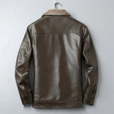 FOESCE Men Faux Leather Jacket Stylish Men's Lapel Faux Leather Jacket with Plush Lining Side Pockets Windproof Biker for Winter