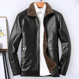 FOESCE Men Faux Leather Jacket Stylish Men's Lapel Faux Leather Jacket with Plush Lining Side Pockets Windproof Biker for Winter