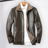 FOESCE Men Faux Leather Jacket Stylish Men's Lapel Faux Leather Jacket with Plush Lining Side Pockets Windproof Biker for Winter