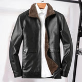 FOESCE Men Faux Leather Jacket Stylish Men's Lapel Faux Leather Jacket with Plush Lining Side Pockets Windproof Biker for Winter