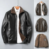 FOESCE Men Faux Leather Jacket Stylish Men's Lapel Faux Leather Jacket with Plush Lining Side Pockets Windproof Biker for Winter