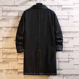 FOESCE Men Fleece Warm Long Jean Jacket Winter Women Big Pockets Turn-down Collar Trenchcoat Outerwear Fashion Black Loose Denim Coats