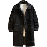 FOESCE Men Fleece Warm Long Jean Jacket Winter Women Big Pockets Turn-down Collar Trenchcoat Outerwear Fashion Black Loose Denim Coats