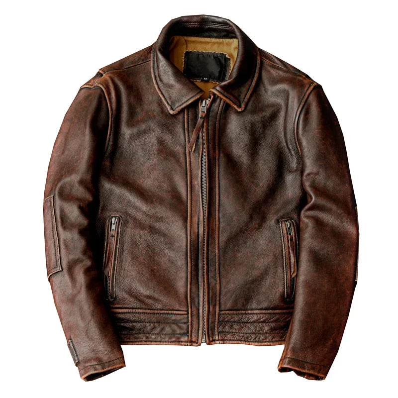 FOESCE Men Genuine Leather Jacket Vintage Brown 100% Cowhide Coat Man Slim Fashion Biker Clothing Asian Size S-6XL M697 Dropshipping