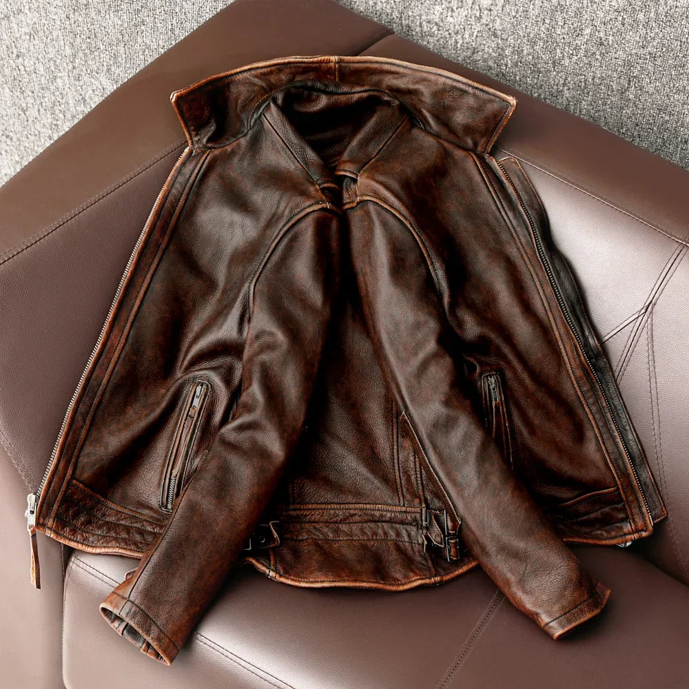 FOESCE Men Genuine Leather Jacket Vintage Brown 100% Cowhide Coat Man Slim Fashion Biker Clothing Asian Size S-6XL M697 Dropshipping
