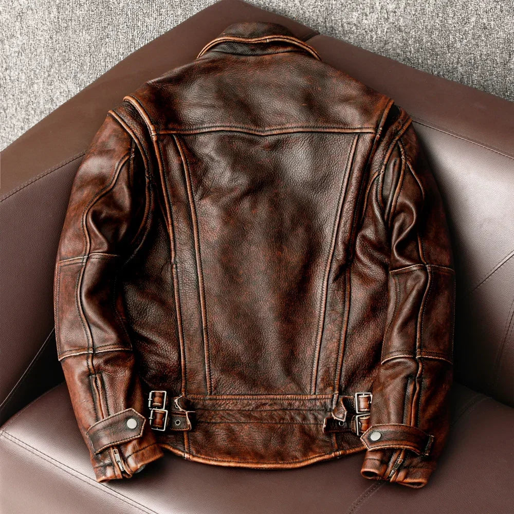 FOESCE Men Genuine Leather Jacket Vintage Brown 100% Cowhide Coat Man Slim Fashion Biker Clothing Asian Size S-6XL M697 Dropshipping