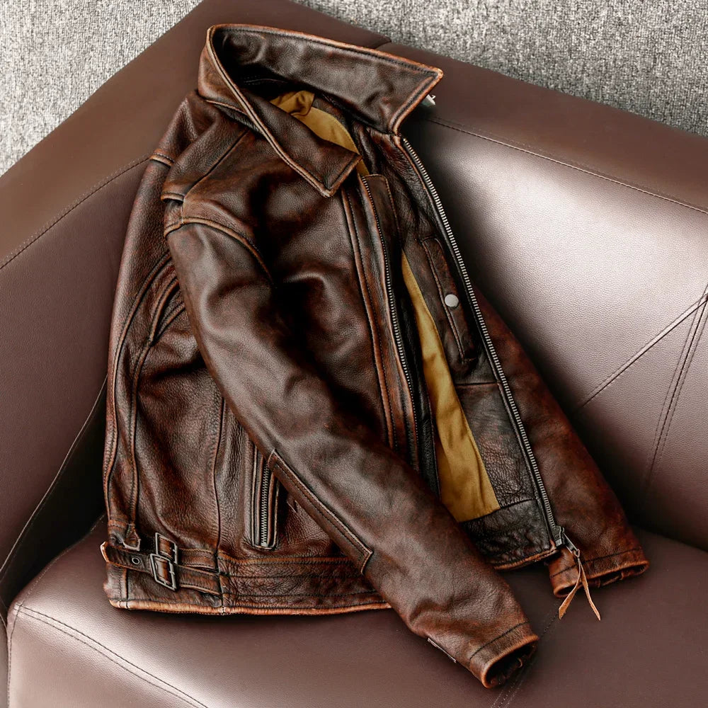 FOESCE Men Genuine Leather Jacket Vintage Brown 100% Cowhide Coat Man Slim Fashion Biker Clothing Asian Size S-6XL M697 Dropshipping