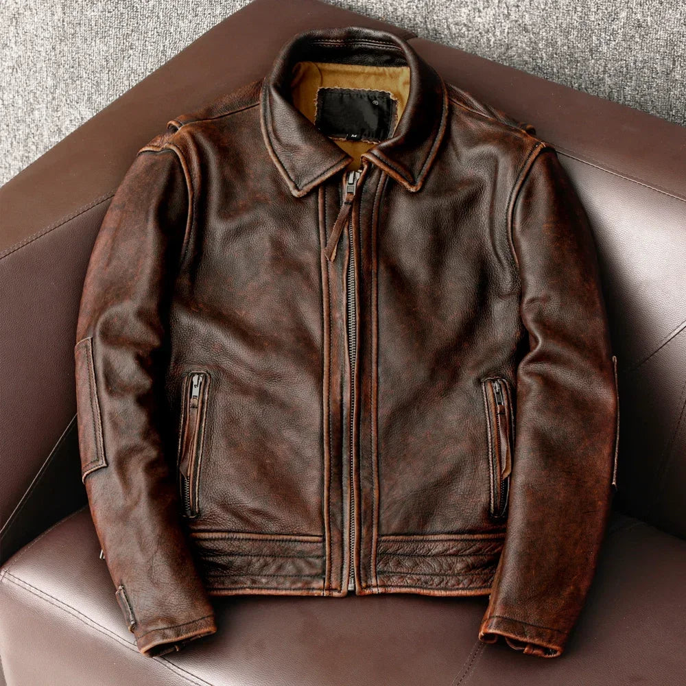 FOESCE Men Genuine Leather Jacket Vintage Brown 100% Cowhide Coat Man Slim Fashion Biker Clothing Asian Size S-6XL M697 Dropshipping