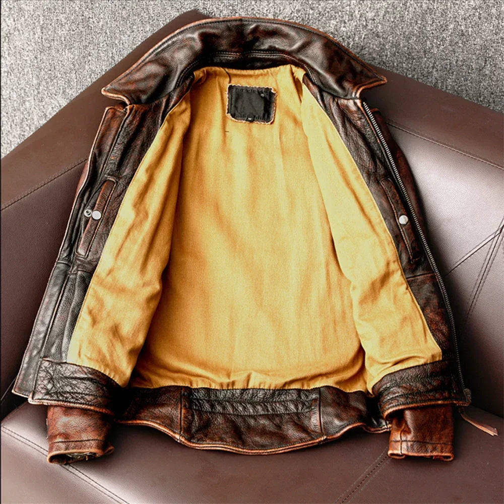 FOESCE Men Genuine Leather Jacket Vintage Brown 100% Cowhide Coat Man Slim Fashion Biker Clothing Asian Size S-6XL M697 Dropshipping