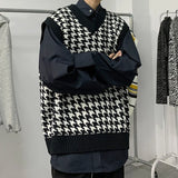 FOESCE Men Houndstooth Sweater Vests Vintage Sleeveless V-neck Knitwear College Students Couple Loose Outwear Suester Para Hombre Chic