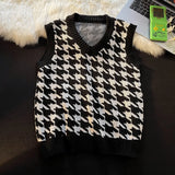 FOESCE Men Houndstooth Sweater Vests Vintage Sleeveless V-neck Knitwear College Students Couple Loose Outwear Suester Para Hombre Chic