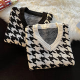 FOESCE Men Houndstooth Sweater Vests Vintage Sleeveless V-neck Knitwear College Students Couple Loose Outwear Suester Para Hombre Chic