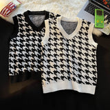 FOESCE Men Houndstooth Sweater Vests Vintage Sleeveless V-neck Knitwear College Students Couple Loose Outwear Suester Para Hombre Chic