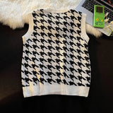 FOESCE Men Houndstooth Sweater Vests Vintage Sleeveless V-neck Knitwear College Students Couple Loose Outwear Suester Para Hombre Chic