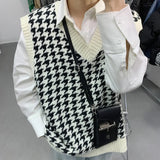 FOESCE Men Houndstooth Sweater Vests Vintage Sleeveless V-neck Knitwear College Students Couple Loose Outwear Suester Para Hombre Chic