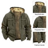 FOESCE Men Jacket Casual Solid Color Plush Lining Hooded Drawstring Men Coat Zipper Closure Thermal Versatile Men Clothing With Pockets