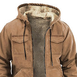 FOESCE Men Jacket Casual Solid Color Plush Lining Hooded Drawstring Men Coat Zipper Closure Thermal Versatile Men Clothing With Pockets