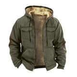 FOESCE Men Jacket Casual Solid Color Plush Lining Hooded Drawstring Men Coat Zipper Closure Thermal Versatile Men Clothing With Pockets