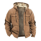 FOESCE Men Jacket Casual Solid Color Plush Lining Hooded Drawstring Men Coat Zipper Closure Thermal Versatile Men Clothing With Pockets