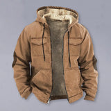FOESCE Men Jacket Casual Solid Color Plush Lining Hooded Drawstring Men Coat Zipper Closure Thermal Versatile Men Clothing With Pockets