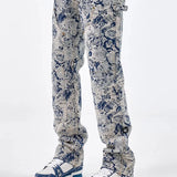 FOESCE Men Jeans Jacquard Washed Cargo Casual Straight Pants Streetwear Fashion Hip Hop Retro Trend Trousers Male Men'S Clothing 2025