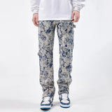 FOESCE Men Jeans Jacquard Washed Cargo Casual Straight Pants Streetwear Fashion Hip Hop Retro Trend Trousers Male Men'S Clothing 2025