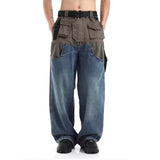 FOESCE Men Jeans Patchwork Multi-Pocket Couple Loose Denim Pants Beggar Style High Street Trendy Casual Male Streetwear