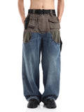 FOESCE Men Jeans Patchwork Multi-Pocket Couple Loose Denim Pants Beggar Style High Street Trendy Casual Male Streetwear
