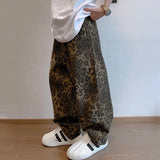FOESCE Men Loose Wide Leg Leopard Graphic Jeans Male Classic American Vintage Denim Pants Youth Popular Daily Streetwear Denim Trousers