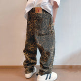 FOESCE Men Loose Wide Leg Leopard Graphic Jeans Male Classic American Vintage Denim Pants Youth Popular Daily Streetwear Denim Trousers