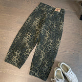 FOESCE Men Loose Wide Leg Leopard Graphic Jeans Male Classic American Vintage Denim Pants Youth Popular Daily Streetwear Denim Trousers