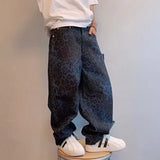 FOESCE Men Loose Wide Leg Leopard Graphic Jeans Male Classic American Vintage Denim Pants Youth Popular Daily Streetwear Denim Trousers