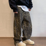 FOESCE Men Loose Wide Leg Leopard Graphic Jeans Male Classic American Vintage Denim Pants Youth Popular Daily Streetwear Denim Trousers