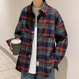 FOESCE Men Plaid Shirt Check Shirts Men Plaid Long Sleeve Oversized Shirts Streetwear Cardigan Chest Pocket Loose Shirt Loose Plaid Top