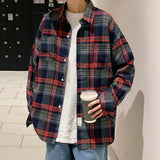 FOESCE Men Plaid Shirt Check Shirts Men Plaid Long Sleeve Oversized Shirts Streetwear Cardigan Chest Pocket Loose Shirt Loose Plaid Top