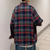 FOESCE Men Plaid Shirt Check Shirts Men Plaid Long Sleeve Oversized Shirts Streetwear Cardigan Chest Pocket Loose Shirt Loose Plaid Top