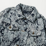 FOESCE Men Ripped Distressed Denim Jacket Flower Jacquard Weave Embroidery Coat Loose Long Sleeve Outerwear