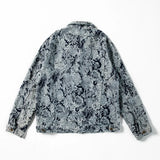 FOESCE Men Ripped Distressed Denim Jacket Flower Jacquard Weave Embroidery Coat Loose Long Sleeve Outerwear