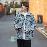 FOESCE Men Ripped Distressed Denim Jacket Flower Jacquard Weave Embroidery Coat Loose Long Sleeve Outerwear