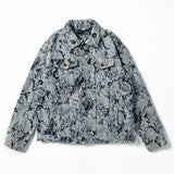 FOESCE Men Ripped Distressed Denim Jacket Flower Jacquard Weave Embroidery Coat Loose Long Sleeve Outerwear