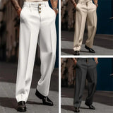FOESCE Men Suit Pants Elegant Men's Business Suit Pants with Straight Loose Fit Soft Pockets Button Closure Mid Waist Formal for Office