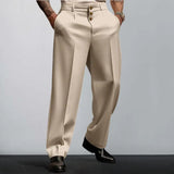 FOESCE Men Suit Pants Elegant Men's Business Suit Pants with Straight Loose Fit Soft Pockets Button Closure Mid Waist Formal for Office