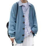 FOESCE Men Sweater Coat Single-breasted Long Sleeves V Neck Knitting Solid Color Warm Buttons Pure Color Elastic Winter Sweater Coat
