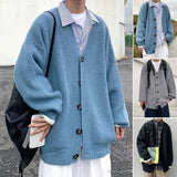 FOESCE Men Sweater Coat Single-breasted Long Sleeves V Neck Knitting Solid Color Warm Buttons Pure Color Elastic Winter Sweater Coat