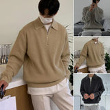 FOESCE Men Sweater Men's Fall Winter Lapel Sweater Knitted Zipper Pullover Soft Warm Mid Length Casual Sweater for Men Lightweight Men