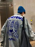 FOESCE Men Vintage Cartoon Printed Denim Jacket Top Cute Spring Autumn Chic Male Unisex Loose Jeans Coat Casual Overcoat Outerwear