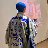 FOESCE Men Vintage Cartoon Printed Denim Jacket Top Cute Spring Autumn Chic Male Unisex Loose Jeans Coat Casual Overcoat Outerwear