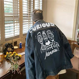 FOESCE Men Vintage Cartoon Printed Denim Jacket Top Cute Spring Autumn Chic Male Unisex Loose Jeans Coat Casual Overcoat Outerwear