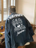 FOESCE Men Vintage Cartoon Printed Denim Jacket Top Cute Spring Autumn Chic Male Unisex Loose Jeans Coat Casual Overcoat Outerwear